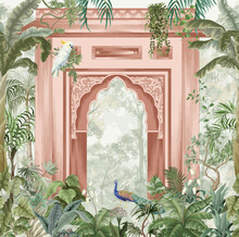 Traditional Forest, Garden, Mughal Arch, Peacock, Parrot Vector Pattern