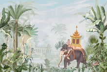 Traditional Mughal Garden, Forest, Elephant Ride, Mahout In Thailand Vector Pattern