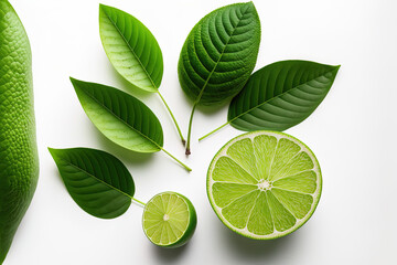 Wall Mural - Lime fruit that has just been sliced in half, with green leaves, is shown alone on a white backdrop. Generative AI