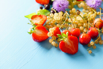 Poster - fresh fruits on the blue background