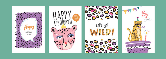 Wall Mural - Set of birthday greeting cards with leopards, cake and leopard's pattern texture.