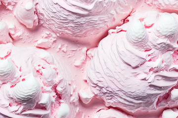 Poster - Close up of a strawberry frozen yogurt backdrop. Detail of strawberry ice cream texture. looking up. Background of pink fruit ice cream with berries in little chunks. Generative AI