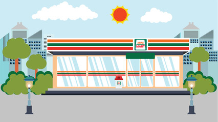 Minimart or Supermarket convenience store open 24 hours.city ​​background.vector template illustration.