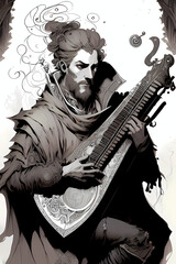 Wall Mural - A fantasy board game card/colouring book page: Bard. Medieval musician with a lute. AI-generated