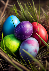 Wall Mural - colorful easter eggs on green grass ,