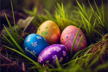 Wall Mural - colorful easter eggs on green grass ,