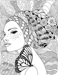 Wall Mural - Young beautiful woman and butterfly. Beach, facing out to sea. Black and white doodle coloring book page for adult and children.	