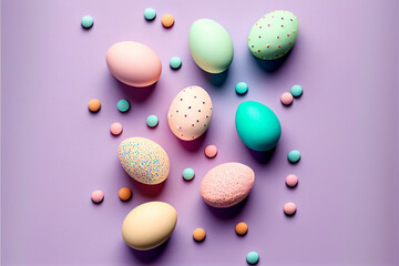 Wall Mural - Top view of easter egg  multicolored egg on pastel background