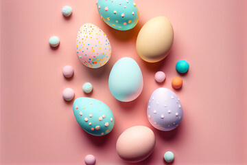 Wall Mural - Top view of easter egg  multicolored egg on pastel background