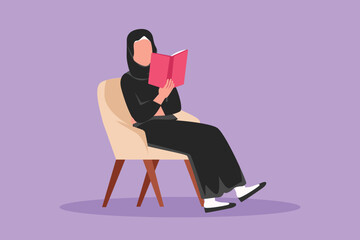 Cartoon flat style drawing smart Arab girl student sitting on chair, reading book in library or bookshop. Woman pupil studying. Female education, learning, lesson. Graphic design vector illustration