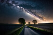 © The 2R Artificiality - Smooth road gliding across picturesque farmland under a milky way filled night sky. Generative AI