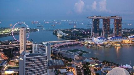 Wall Mural - Aerial time lapse of Singapore city panorama from sunset to night