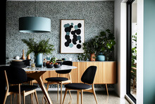 Beautiful Mid Century Modern Australian Home With A Dining Room Decorated In The Scandinavian Style. Generative AI