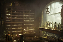A Strange And Creepy Cabinet Of Curiosities Lab Filled With Lots Of Bottles And Glass Jars. Digital Illustration. CG Artwork Background