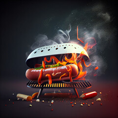 Hotdog on a grill with smoking fire, generative ai