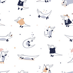 Poster - Seamless Scandinavian pattern, cute crocodile animals. Childish background, repeating print, funny baby characters in Scandi style. Printable flat vector illustration for wrapping, wallpaper, textile