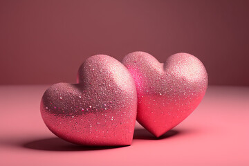 Wall Mural - Two pink hearts with nice glittery texture details on empty background. Valentine’s day generative Ai imagery