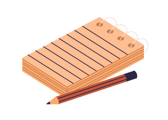 Poster - Notepad and pencil. Paper sheet of notebook for memo notes, plans and pen. Blank lined diary, planner on spirals. Organizer for business records. Flat vector illustration isolated on white background