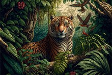 Abstract Image In The Jungle With A Tiger. Generative Ai