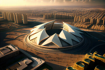 A futuristic stadium was built in the heart of Saudi Arabia, with the ancient pyramids of Egypt visible in the distance and the ancient ruins of Greece serving as the backdrop.