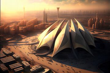 A futuristic stadium was built in the heart of Saudi Arabia, with the ancient pyramids of Egypt visible in the distance and the ancient ruins of Greece serving as the backdrop.