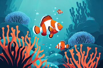 Poster - Aquarium with clown fish on a blue backdrop. Generative AI