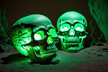 Skulls With Green Light Shining On Them. Generative AI