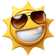 Cartoon Sun With Sunglasses Emoji Isolated On White Background, Sunshine Emoticon 3d Rendering