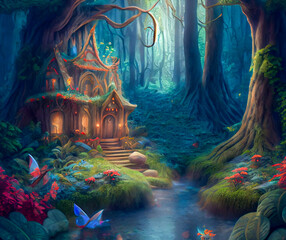 Fairytale fantasy forest with house, ai illustration