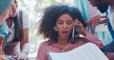 Poster - Stress, chaos or black woman multitasking paperwork, phone call or financial report documents. Workflow crisis, anxiety or busy worker overwhelmed with office deadline pressure or data by employees