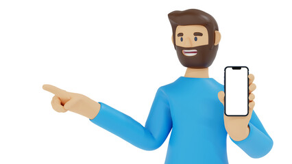 Wall Mural - Cartoon character man show smartphone and pointing at the empty space app presentation, 3D rendering.