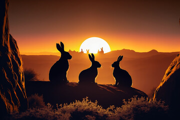 Silhouettes of bunnies at sunset