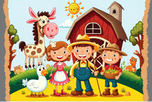 Happy Farmer And Children In A Cartoon Artwork With Farm Animals. Generative AI