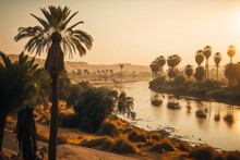Egypt's Nile River Is Beside A Field And Palm Palms. Generative AI