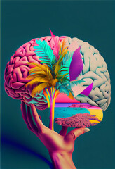 Poster - Beautiful abstract holding brain with palm collage concept, contemporary and mood social background..	
