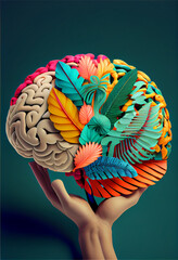 Beautiful abstract holding brain with palm collage concept, contemporary and mood social background..	
