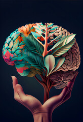 Poster - Beautiful abstract holding brain with palm collage concept, contemporary and mood social background..	
