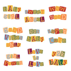 Fototapete - Y2k anonymous newspaper cutout letters in cute quote words. Colorful girly vintage phrases set.