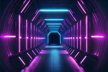 Poster - sci-fi tunnel with blue and violet neon lights. abstract high-tech tunnel as background in the style