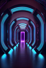 Aufkleber - Sci-fi tunnel with blue and violet neon lights. Abstract high-tech tunnel as background in the style of cyberpunk or high-tech future. 