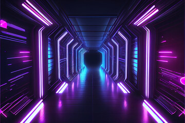 Poster - Sci-fi tunnel with blue and violet neon lights. Abstract high-tech tunnel as background in the style of cyberpunk or high-tech future. 