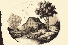 Hand Drawn Peaceful Landscape With A Watermill And River. Generative AI