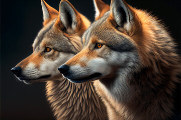 Wall Mural - Two wolves on dark background. Generative Ai art. Wildlife concept with animals.