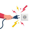 © hvostik16 - Electric power plug holding in hand. Unplug, and plugged in the wall socket. Vector illustration flat design. Connecting power plug. Sparks flying from the outlet.