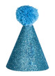 Realistic blue glitter party hat with pompon on top. Isolated cutout on a transparent background.