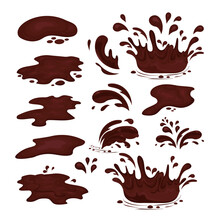 The Chocolate Is Flowing. Puddles, Splashes, Drops. Vector Set On A White Background