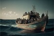 migrants on boat in mediterranean sea dramatic scene illustration generative ai