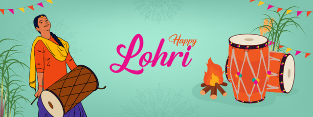 Wall Mural - Happy Lohri calligraphy with Punjabi girl dancing and Indian Punjabi festival background vector for banner design, social media post, and invitation card design.