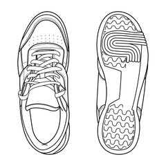 Hand drawn sneakers, gym shoes. Side and sole view. Doodle outline vector illustration