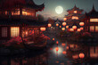 Chinese lake village with beautiful traditional houses decorated for the Chinese Lantern Festival, twilight scene with the moon, glowing orange lanterns, reflection in water, Generative AI